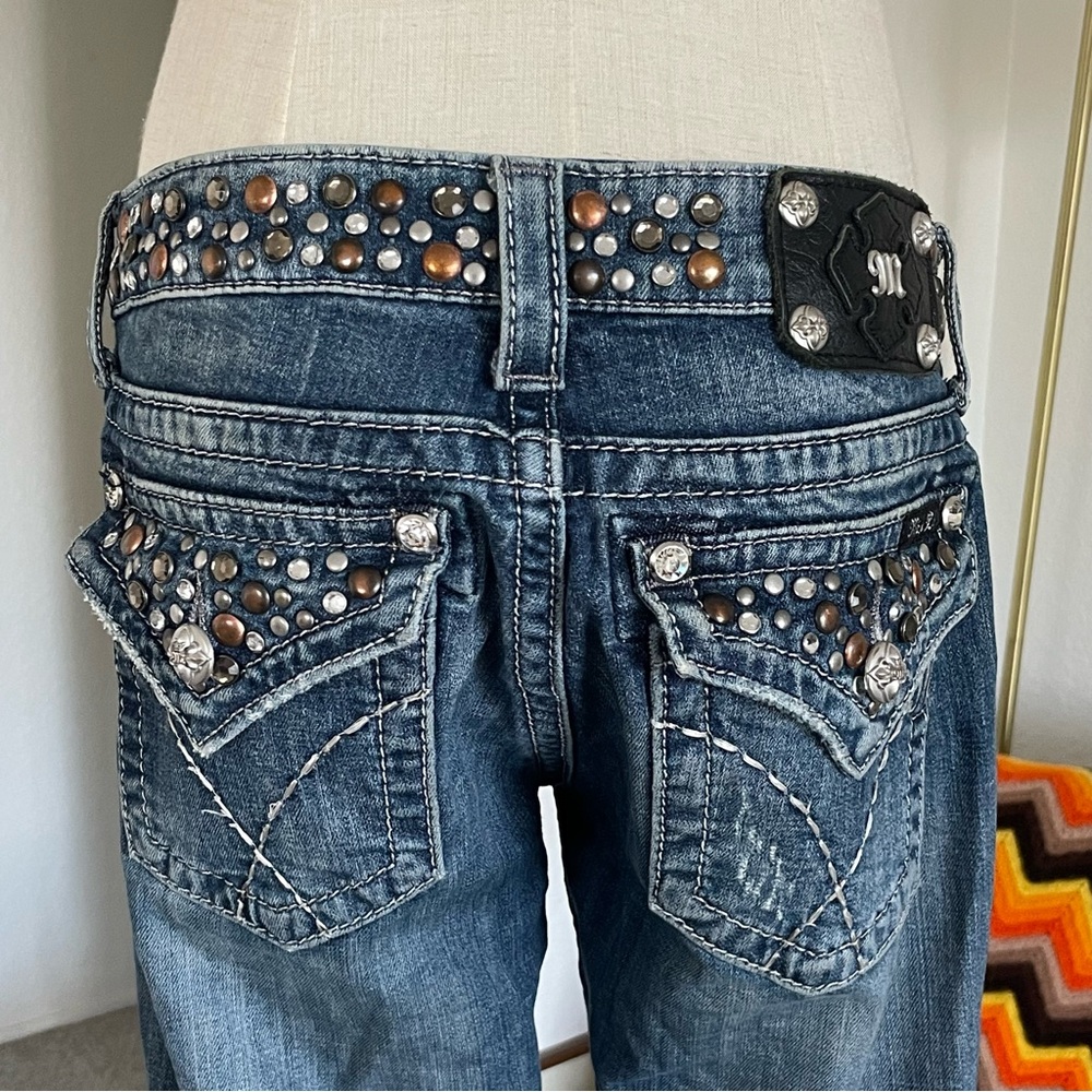SOLD Y2K Miss Me Cowgirl Biker Studded Rhinestone Low Rise Boot Cut Jeans - Picture 7 of 12